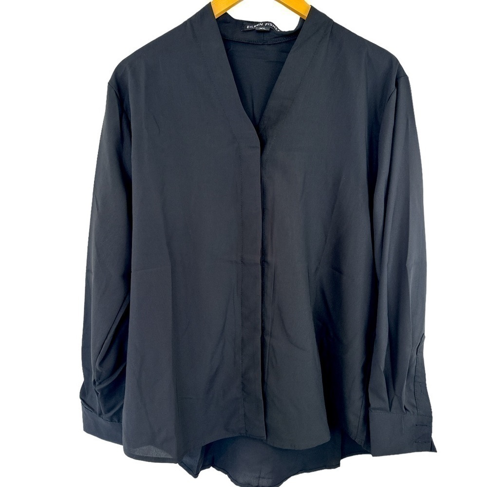 Eileen Fisher V-Neck Button-down Blouse in Black - Picture 3 of 7